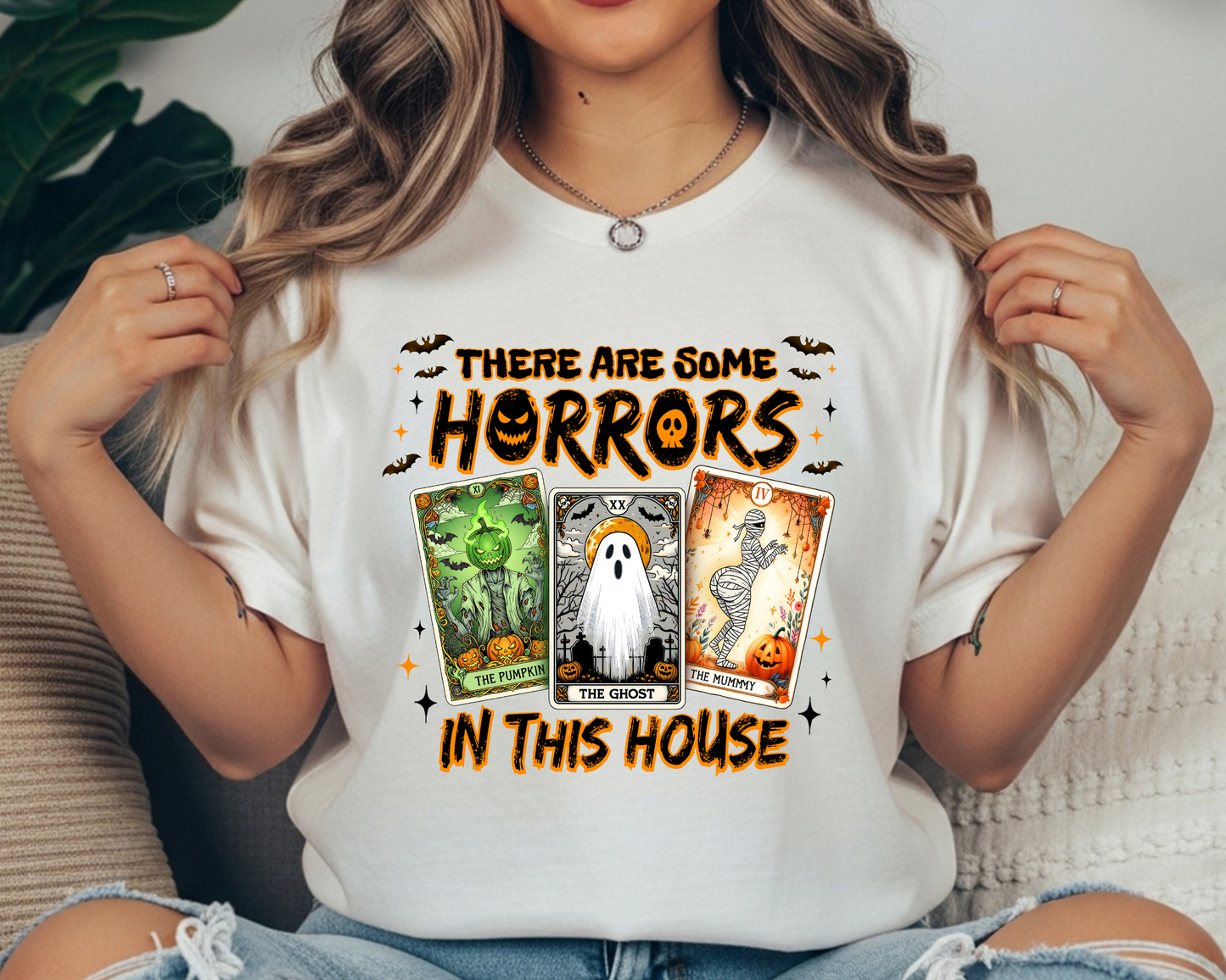 Funny Halloween T-Shirt for Women: Vintage Pumpkin, Ghost & Mummy Design in Tarot Style - JennyO