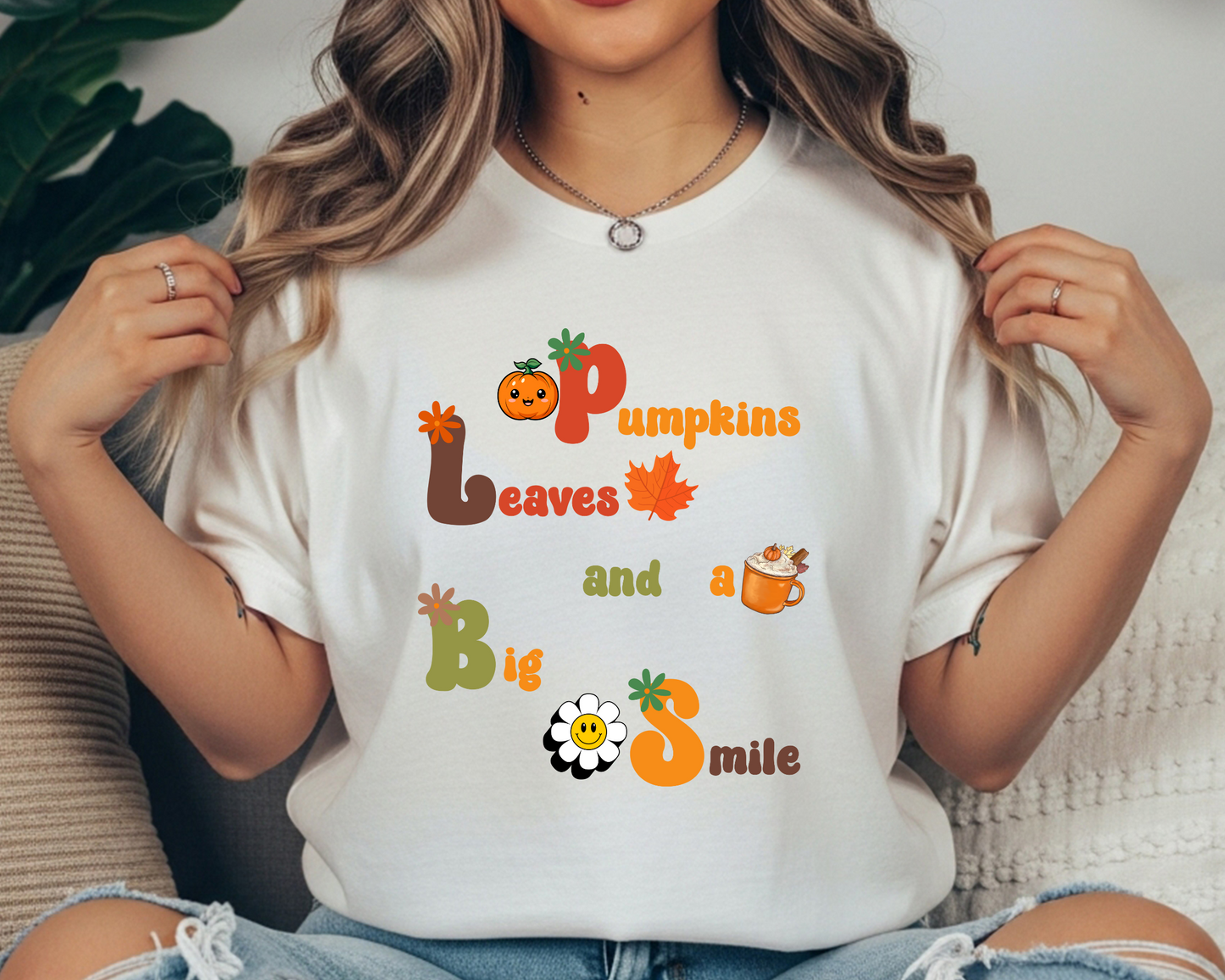 Fall T-Shirt Women - 'Pumpkin, Leaves, and a Big Smile' - Cozy Comfort Colors Crewneck - JennyO