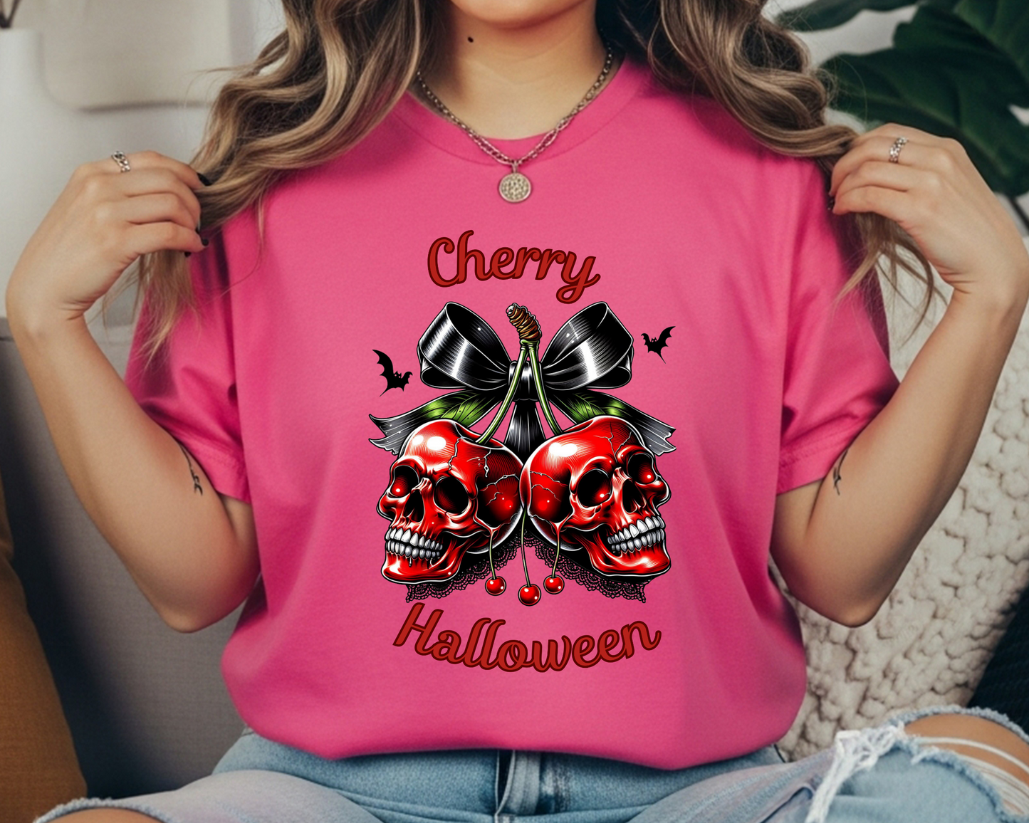 Halloween shirt for women-Skull Cherry - Fall Tee - Cute Creepy Halloween Style - Cherry Halloween | Skeleton