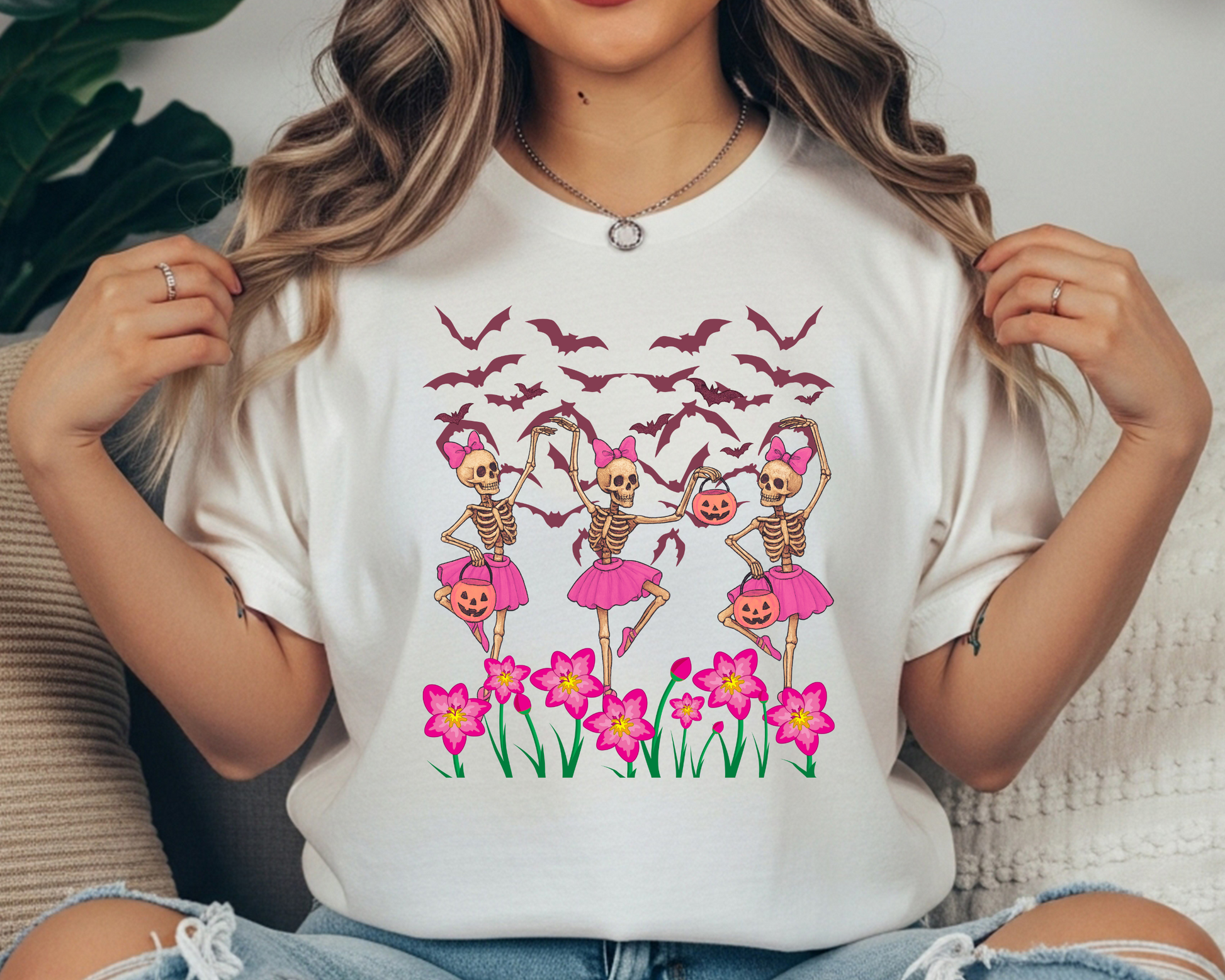 Halloween Skeleton Shirt | Cute Pink Tutu Design on Comfort Colors Crewneck | Perfect for Spooky Season - JennyO