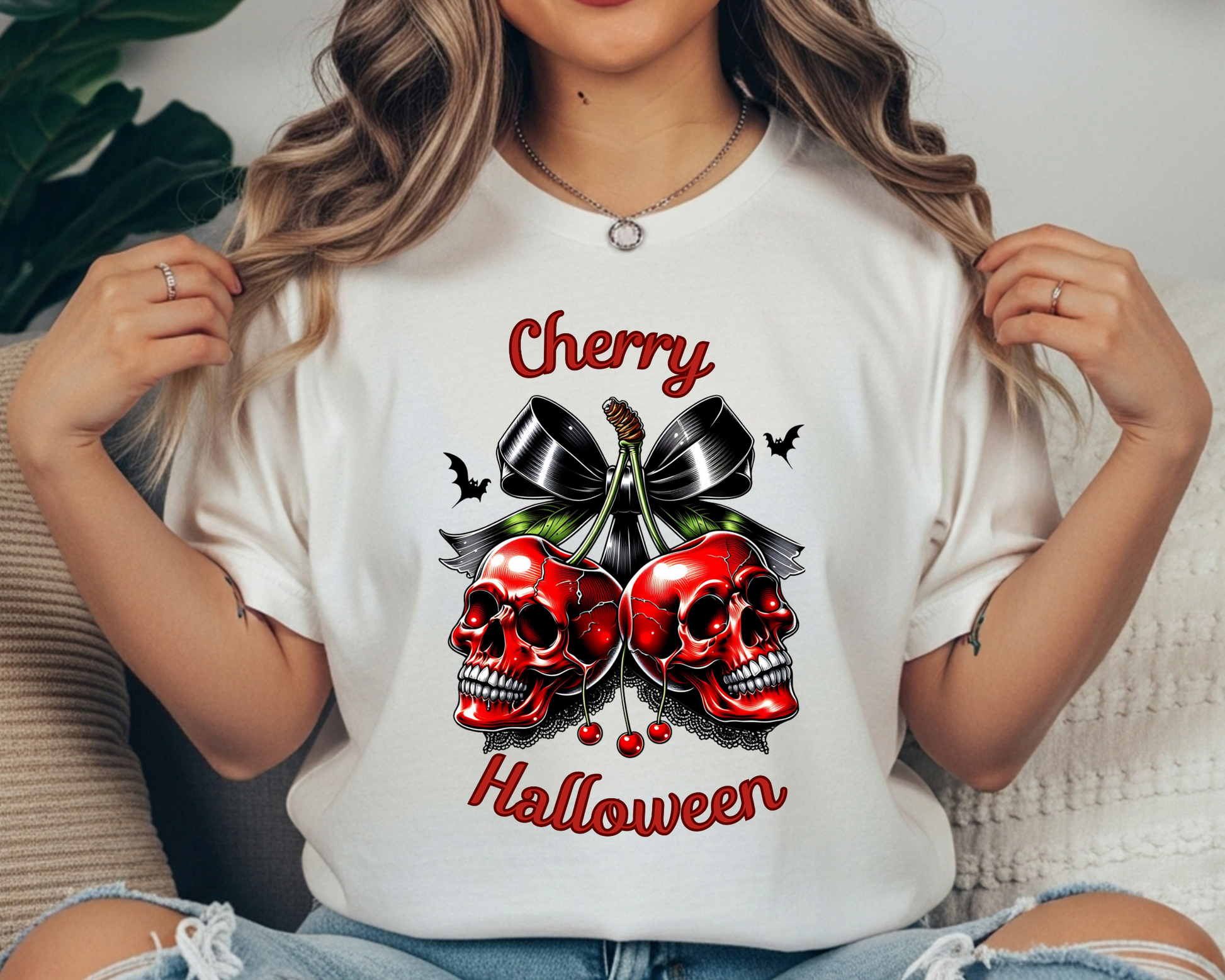 Skull Cherry Tee for Women - Cute Creepy Halloween Shirt - Unisex Heavyweight Crewneck T-Shirt - JennyO