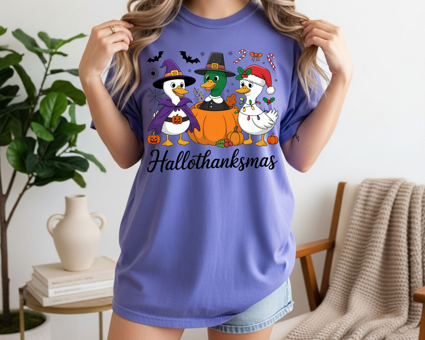 Hallothanksmas Spooky Goose Shirt | Holiday Tee | Vintage Style Hallothanksmas Tee | Whimsical Spooky Goose Shirt | comforter colors shirt - JennyO