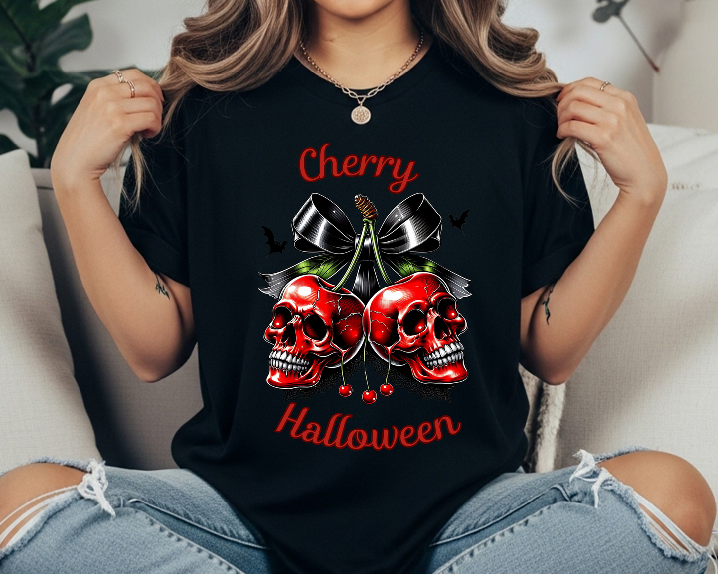 Halloween shirt for women-Skull Cherry - Fall Tee - Cute Creepy Halloween Style - Cherry Halloween | Skeleton