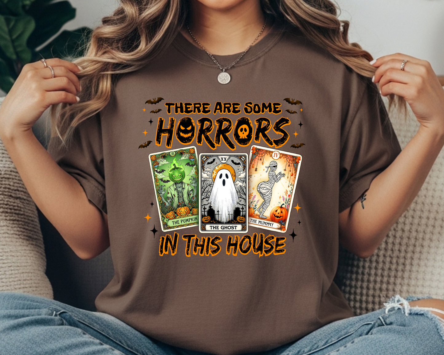 Funny Halloween T-Shirt for Women: Vintage Pumpkin, Ghost & Mummy Design in Tarot Style - JennyO