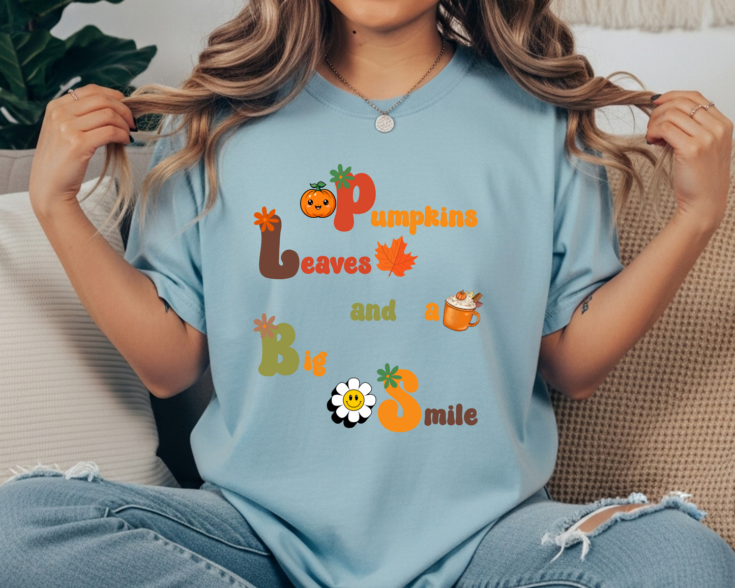 Fall T-Shirt Women - 'Pumpkin, Leaves, and a Big Smile' - Cozy Comfort Colors Crewneck - JennyO