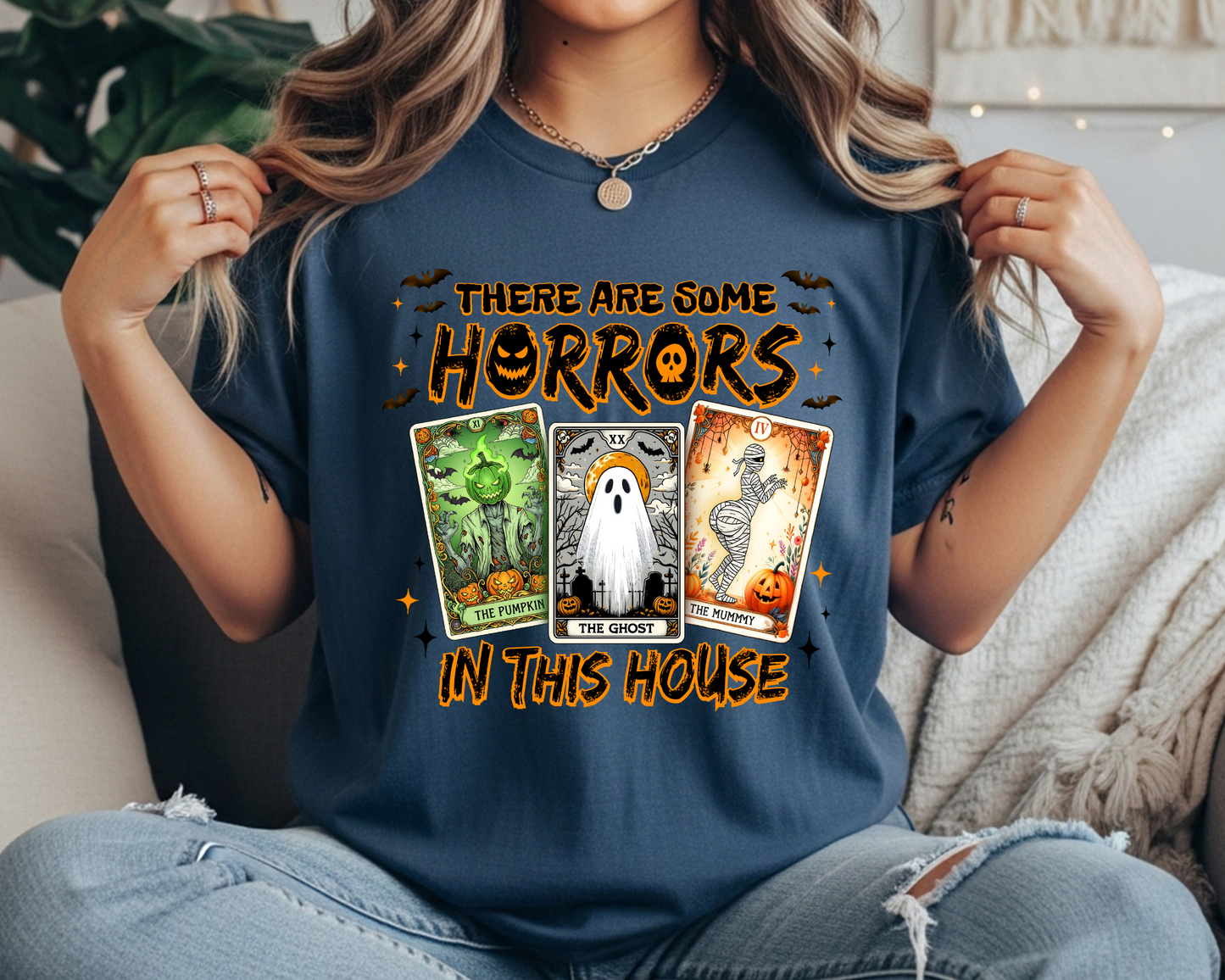 Funny Halloween T-Shirt for Women: Vintage Pumpkin, Ghost & Mummy Design in Tarot Style - JennyO