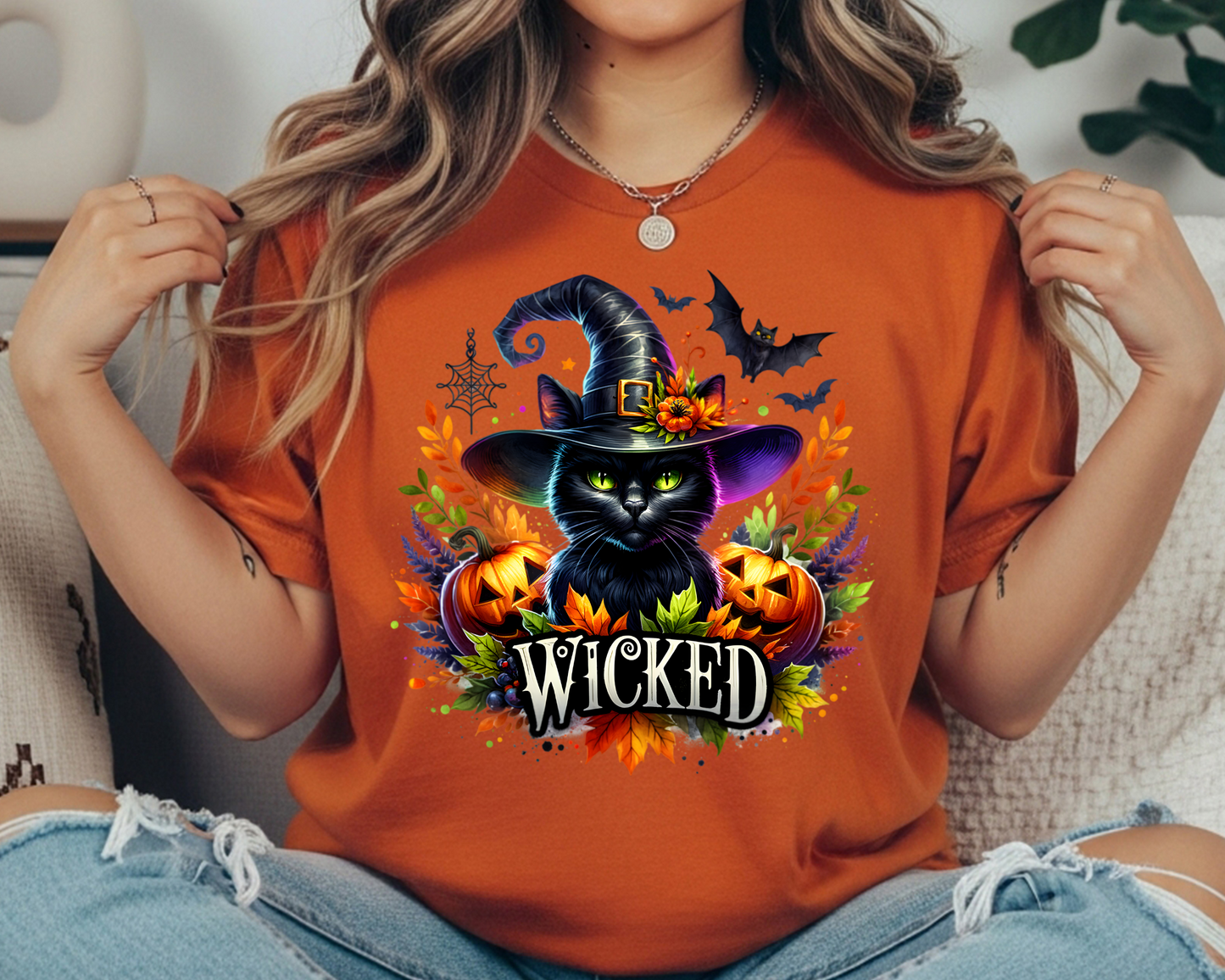 Wicked Cat Comfort Colors Crewneck T-Shirt - Spooky Season Halloween Tee