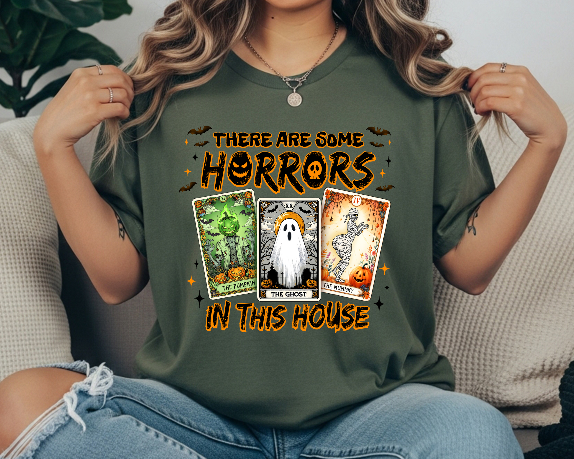 Funny Halloween T-Shirt for Women: Vintage Pumpkin, Ghost & Mummy Design in Tarot Style - JennyO