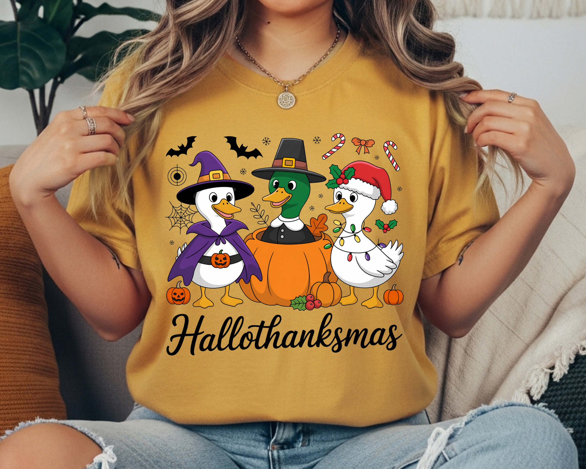 Hallothanksmas Spooky Goose Shirt | Holiday Tee | Vintage Style Hallothanksmas Tee | Whimsical Spooky Goose Shirt | comforter colors shirt - JennyO