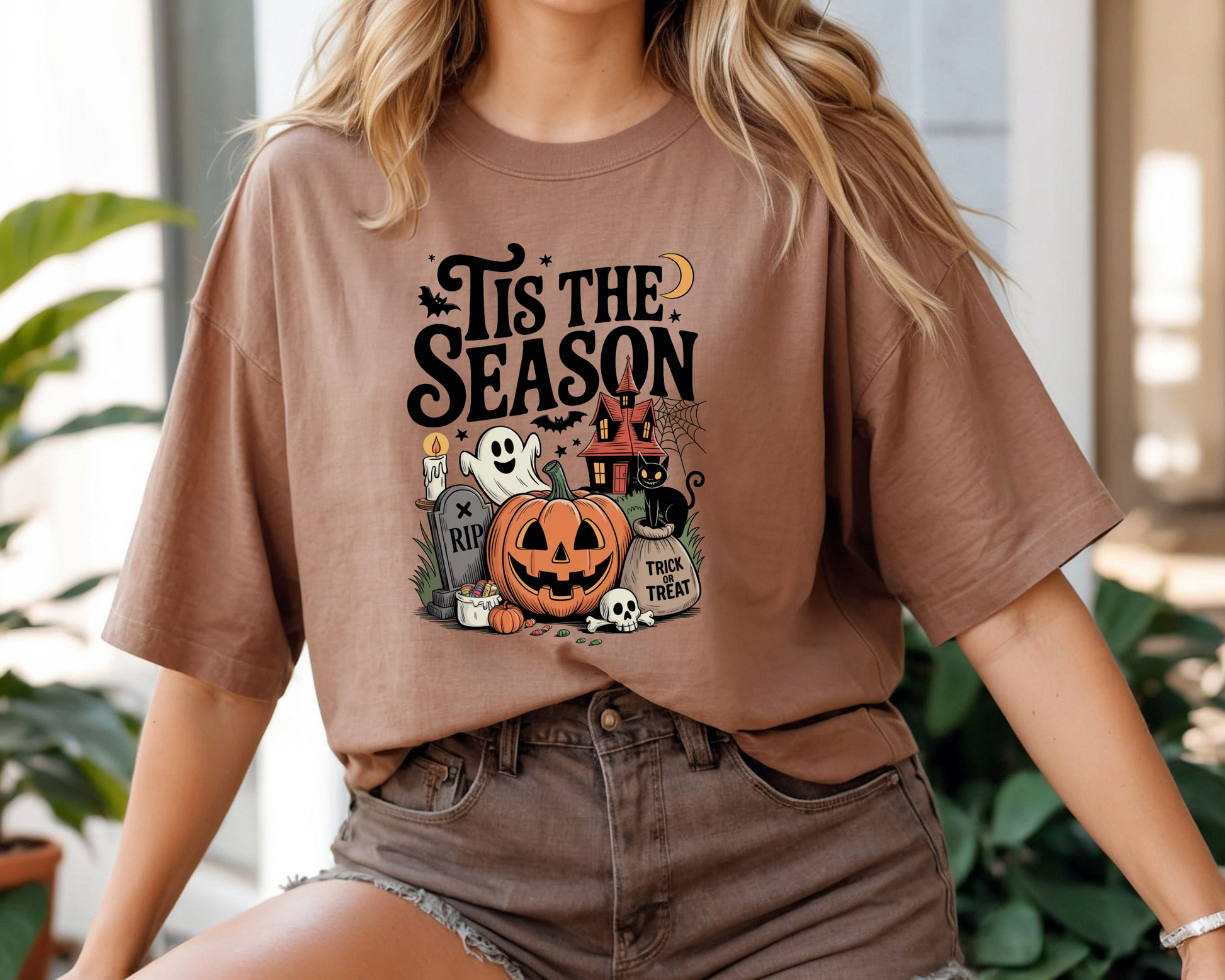 Spooky Season Women's Halloween T-Shirt - Pumking & Ghosts Crewneck - Comfort Colors - JennyO