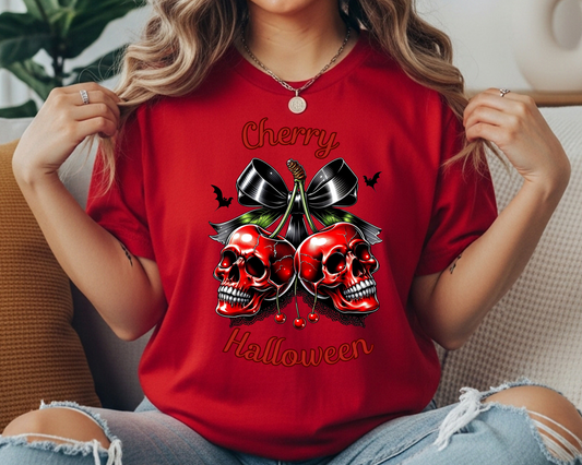 Halloween shirt for women-Skull Cherry  -  Fall Tee - Cute Creepy Halloween Style - Cherry Halloween | Skeleton