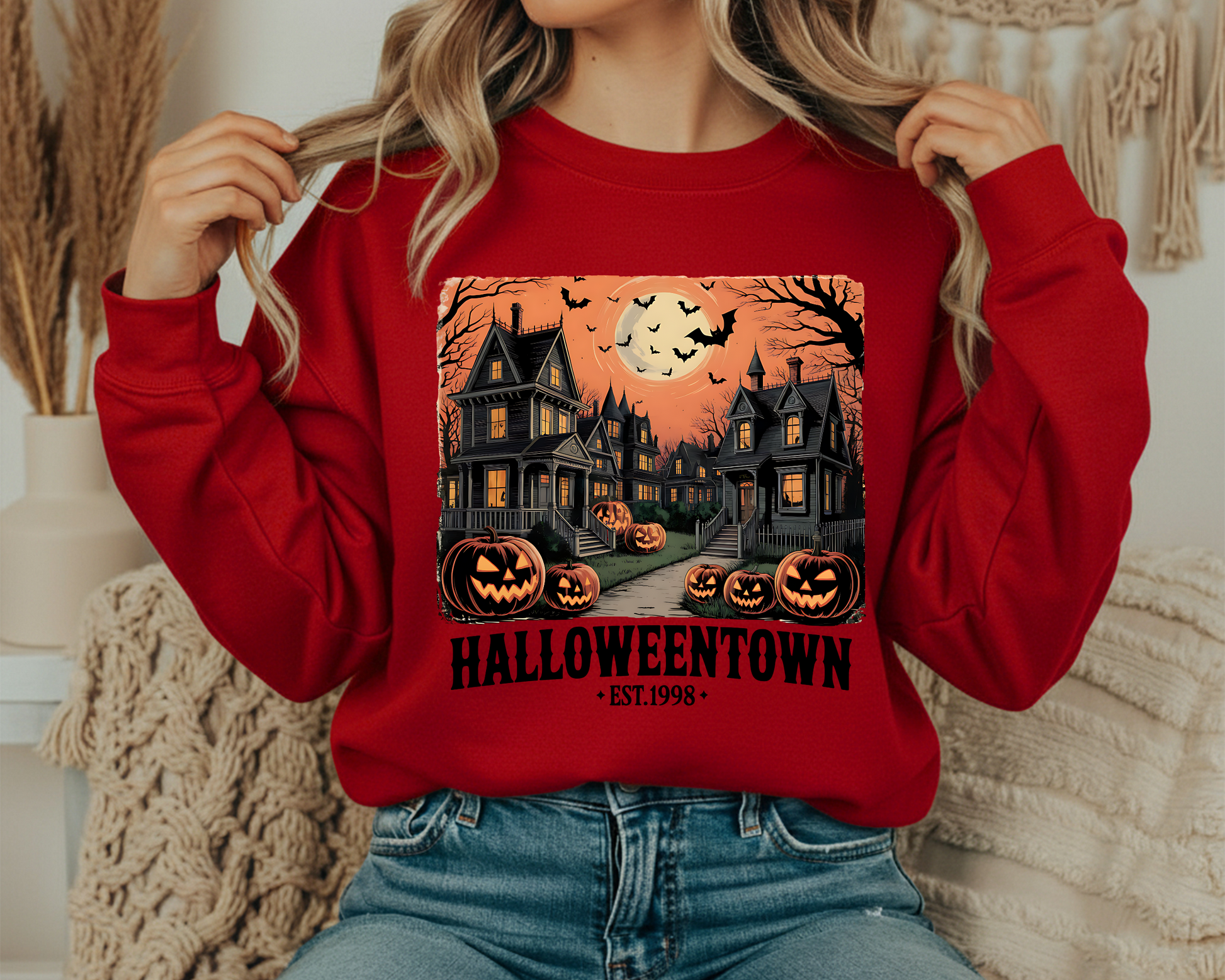 Halloween Sweatshirt - Halloweentown Est 1998 Cozy Crewneck with Spooky Pumpkin Design - JennyO