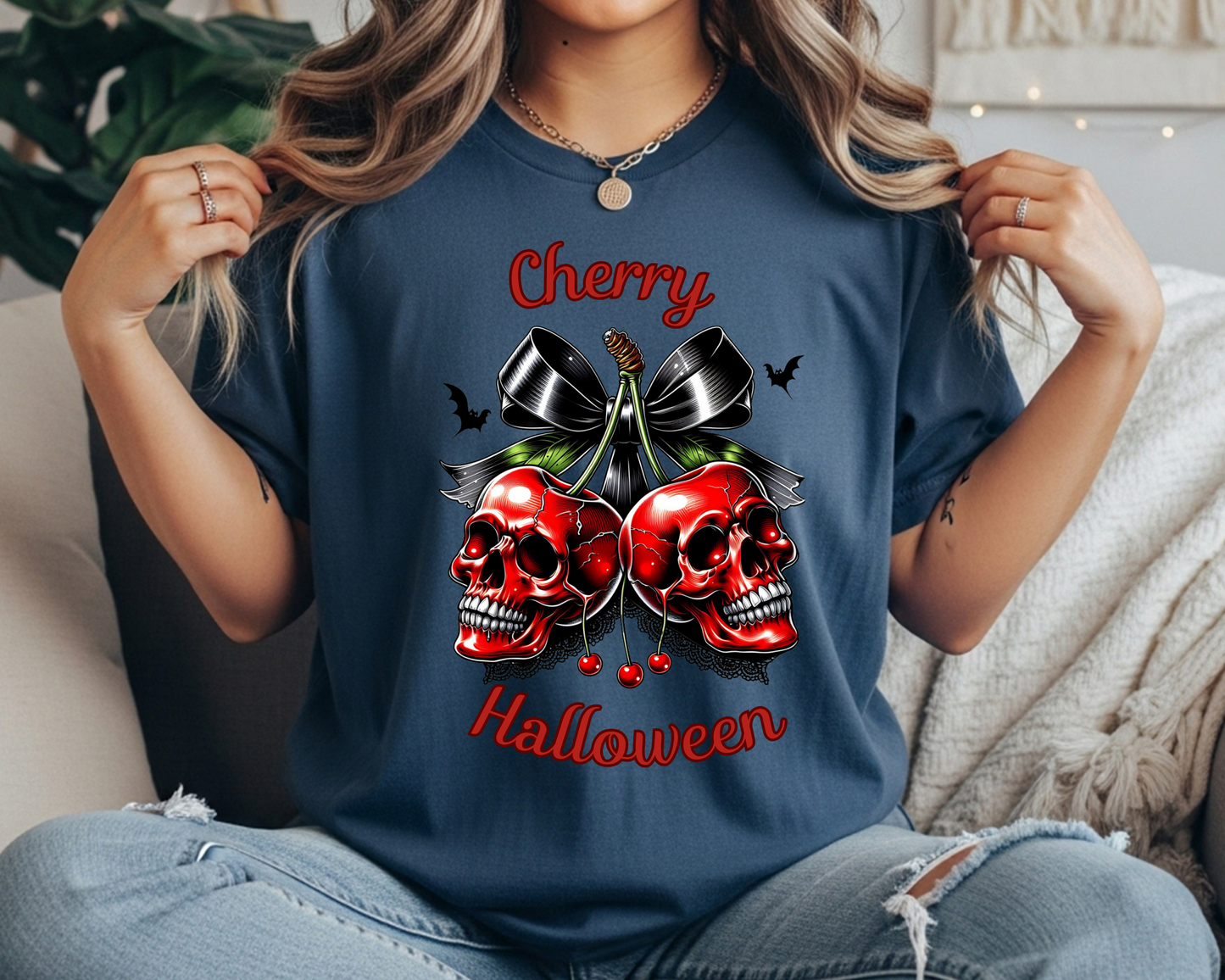 Halloween shirt for women-Skull Cherry  -  Fall Tee - Cute Creepy Halloween Style - Cherry Halloween | Skeleton