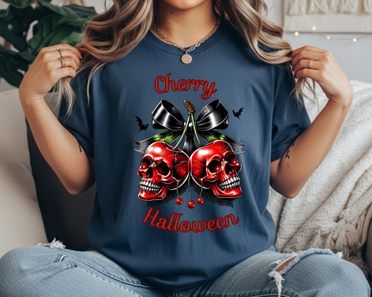 Halloween shirt for women-Skull Cherry  -  Fall Tee - Cute Creepy Halloween Style - Cherry Halloween | Skeleton