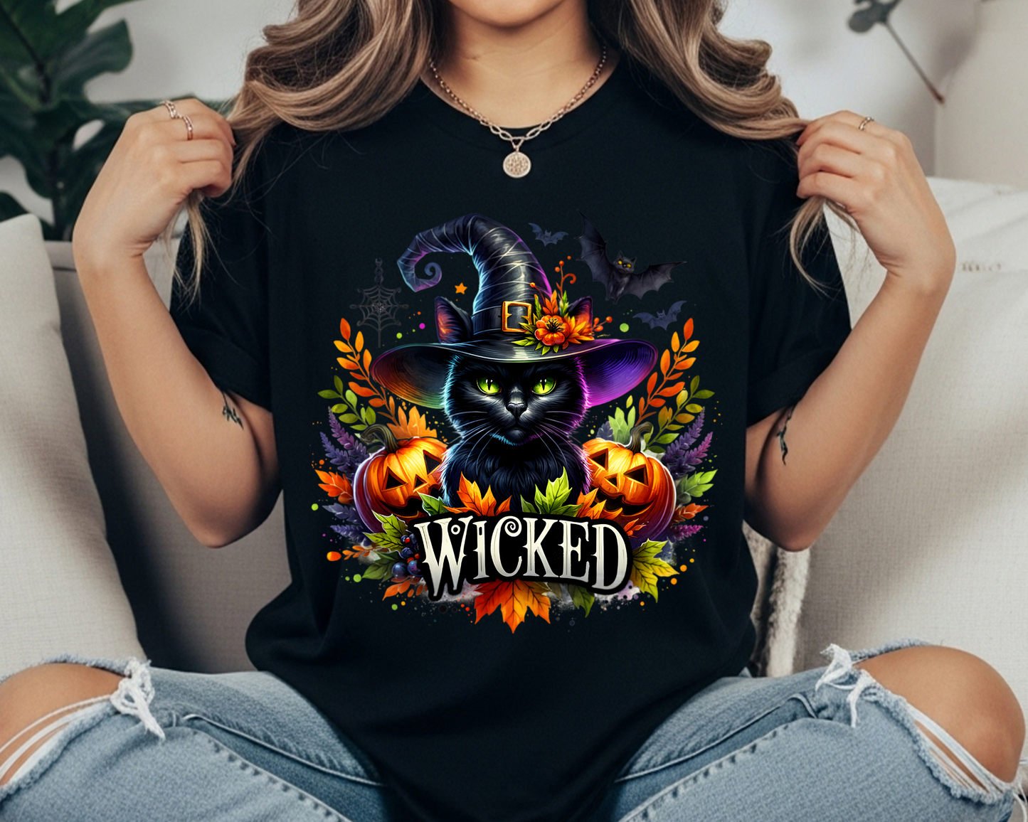 Wicked Cat Comfort Colors Crewneck T-Shirt - Spooky Season Halloween Tee