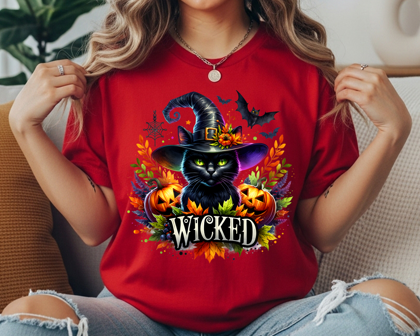 Wicked Cat Comfort Colors Crewneck T-Shirt - Spooky Season Halloween Tee