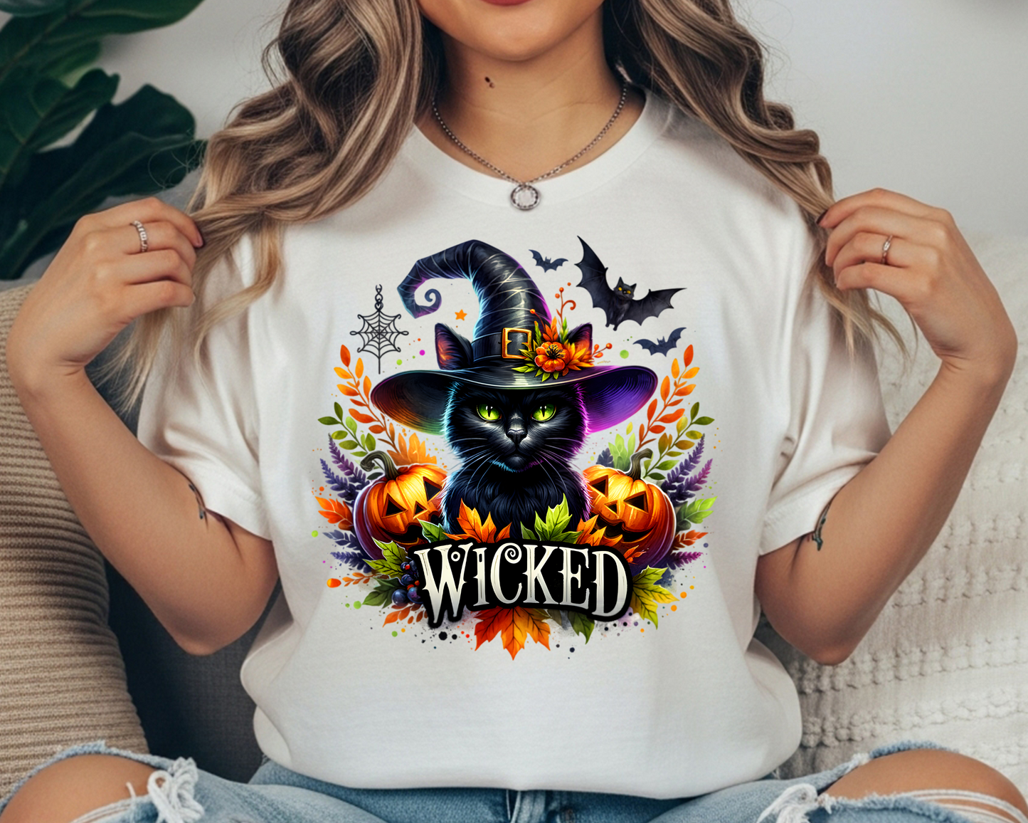 Wicked Cat Comfort Colors Crewneck T-Shirt - Spooky Season Halloween Tee