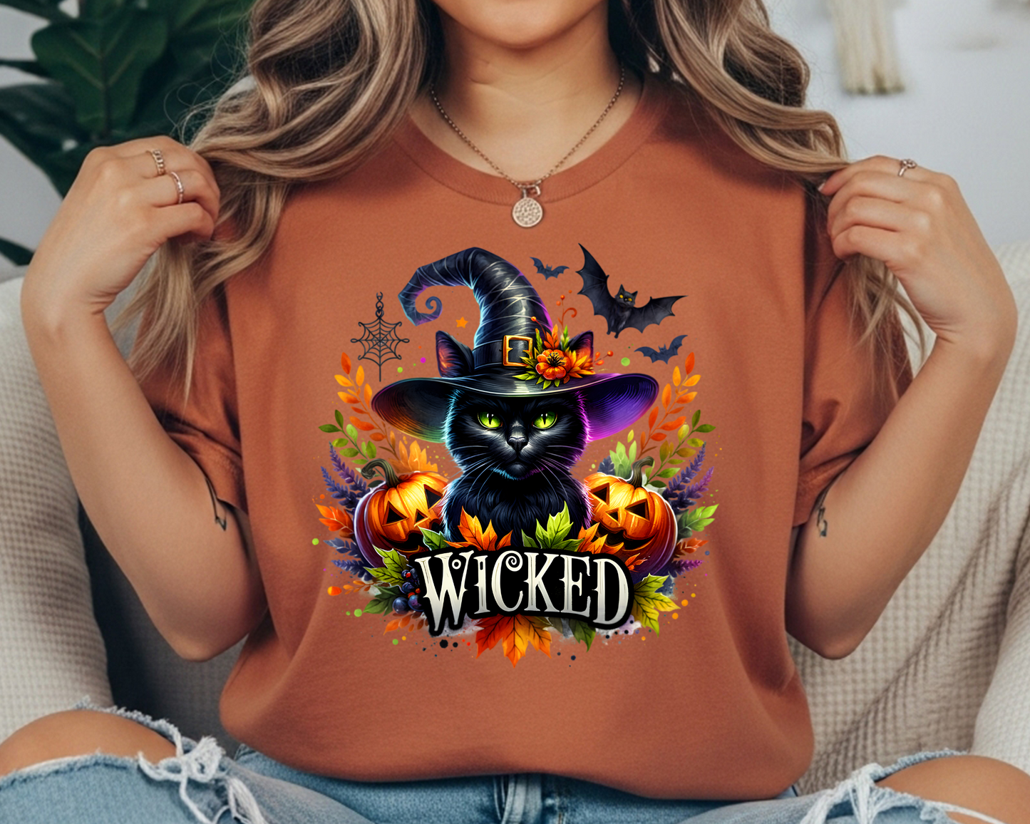 Wicked Cat Comfort Colors Crewneck T-Shirt - Spooky Season Halloween Tee
