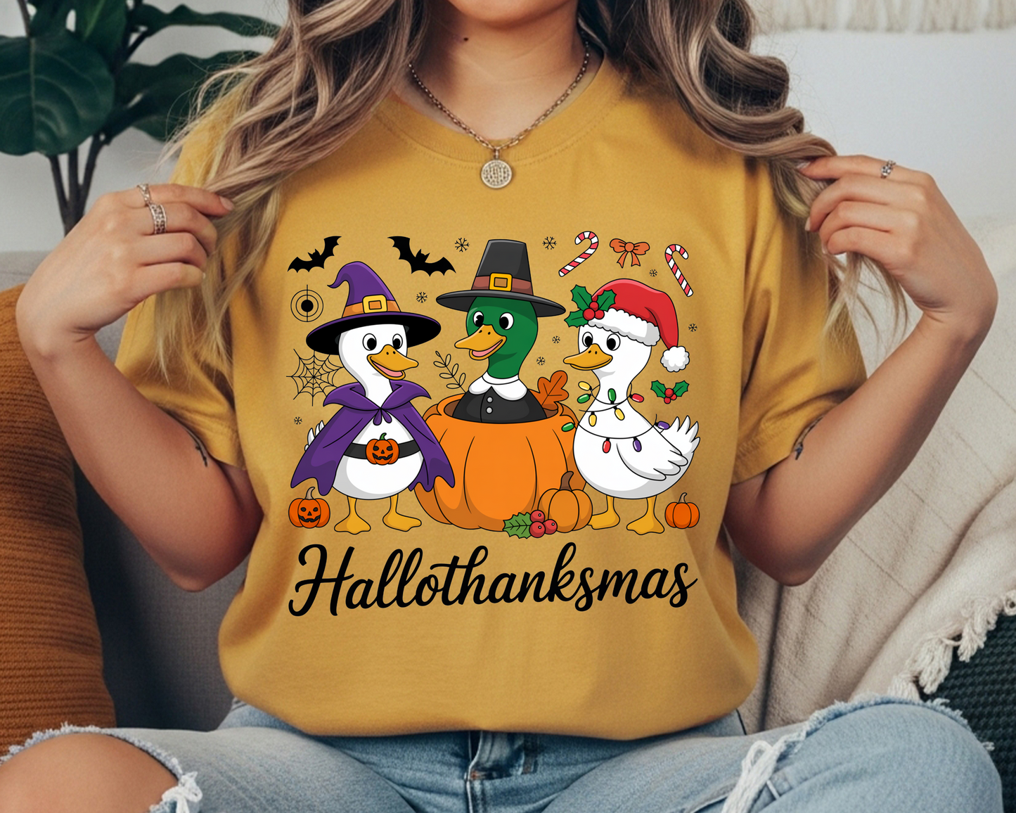 Hallothanksmas Spooky Goose Shirt | Holiday Tee | Vintage Style Hallothanksmas Tee | Whimsical Spooky Goose Shirt | comforter colors shirt - JennyO