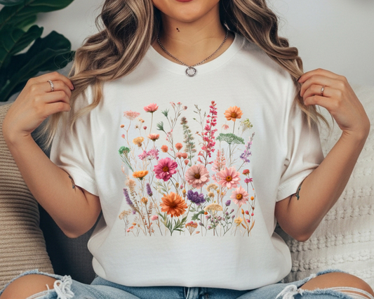 Vintage Pressed Flower Crewneck T-Shirt – Botanical Floral Tee for Gardeners | Comfort Colors