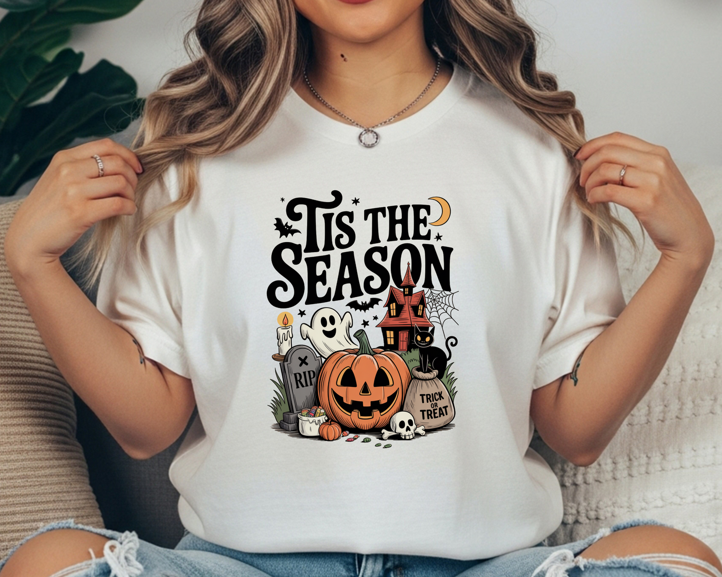 Spooky Season Women's Halloween T-Shirt - Pumking & Ghosts Crewneck - Comfort Colors